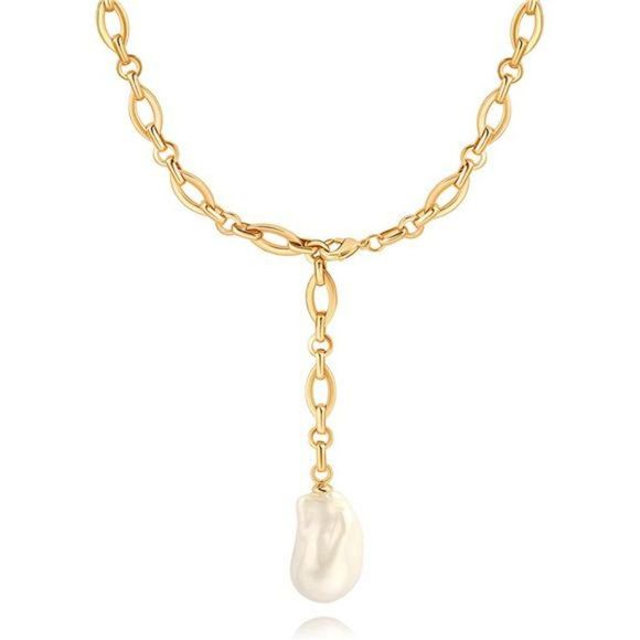 18k Gold Chain Link Necklace for Women, Baroque Pearl/Compass Pendant Necklace - Picture 1 of 7